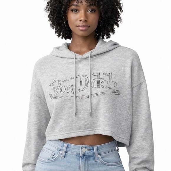 Von Dutch Tops - Von Dutch Grey Rhinestone Logo Cropped Hoodie
